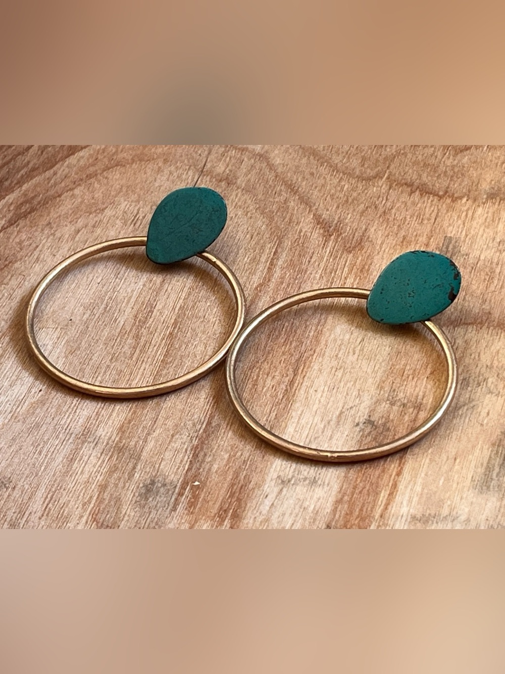 Gold toned Hoop Earrings with Teal Stone Accent - Women Jewelry stamped